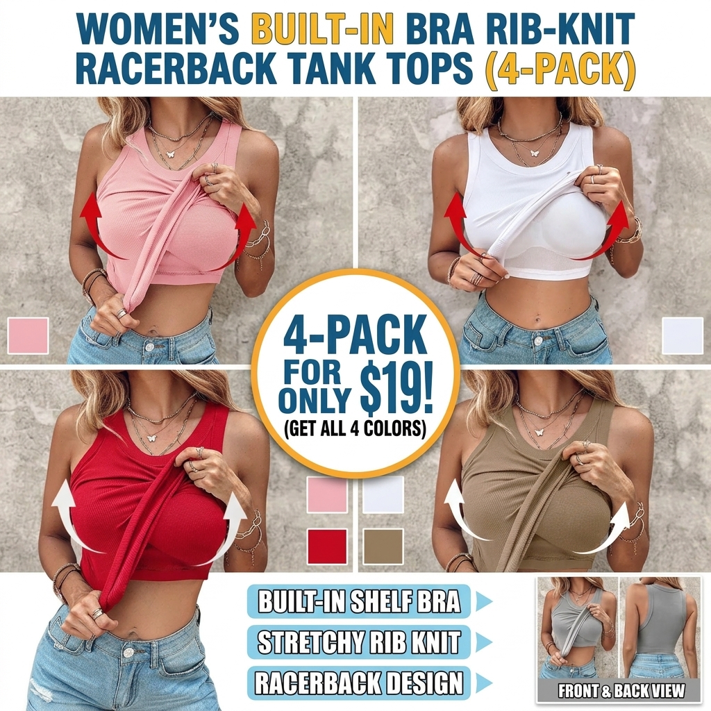 Seamless Ribbed Built-In Bra Racerback Tank Top for Women