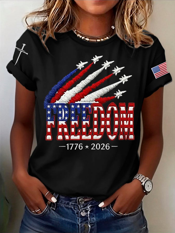 Women's Retro Freedom American Flag Cross Print T-Shirt