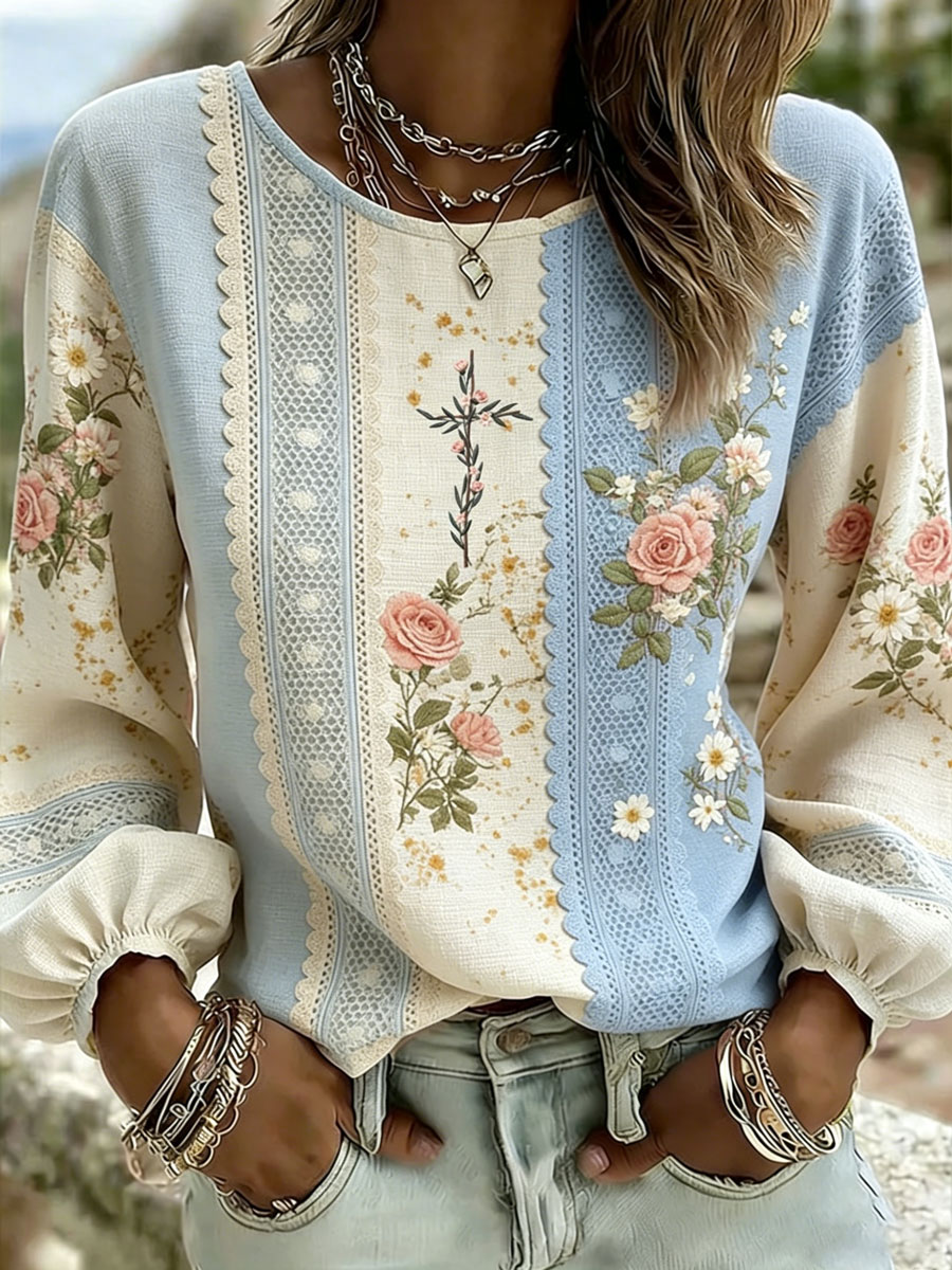 Women'S Casual Floral  Faith Print Cotton Linen Top