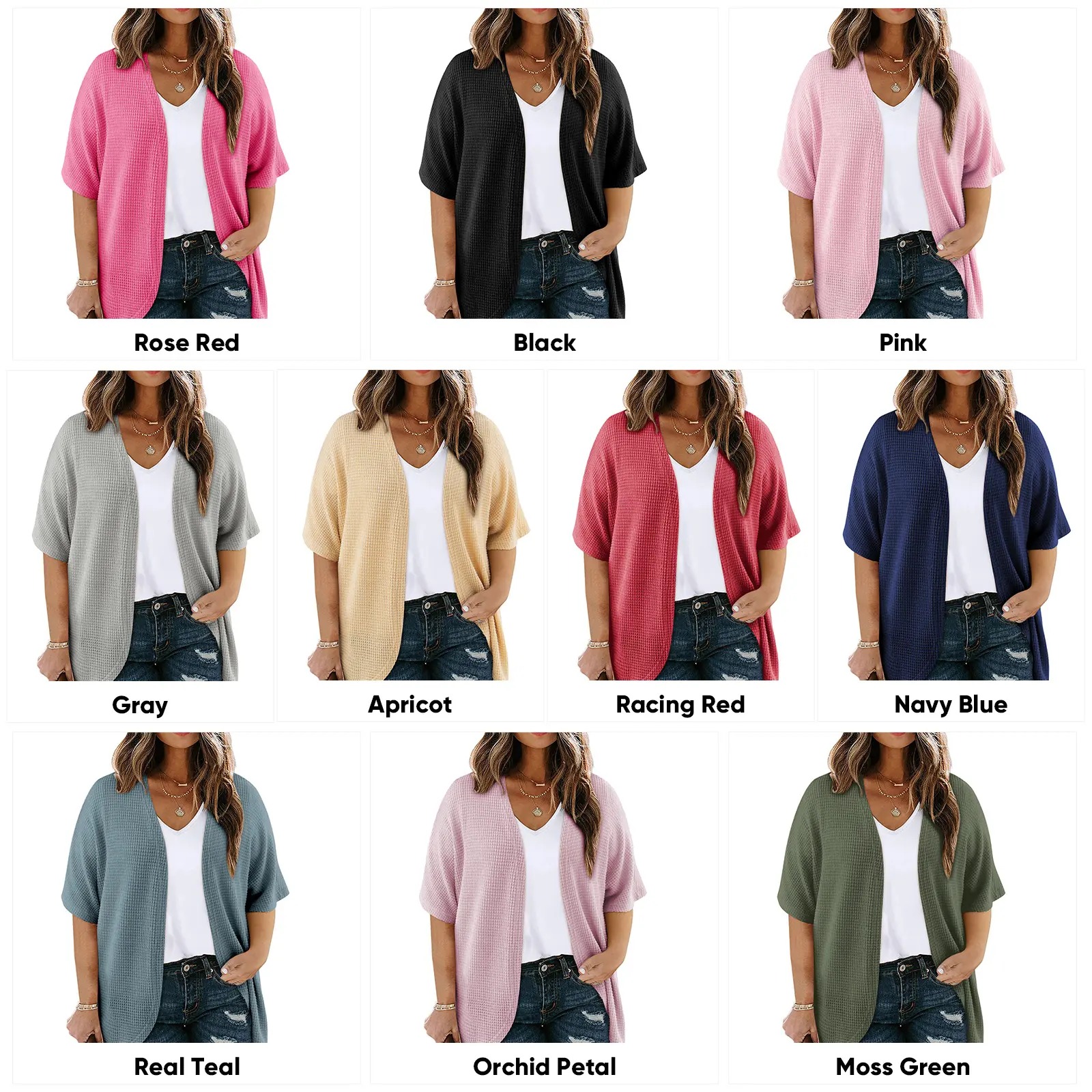 Women's Plus Size Cardigan Casual Short Sleeve Waffle Knit Kimono Open Front Tops(1X-5X)