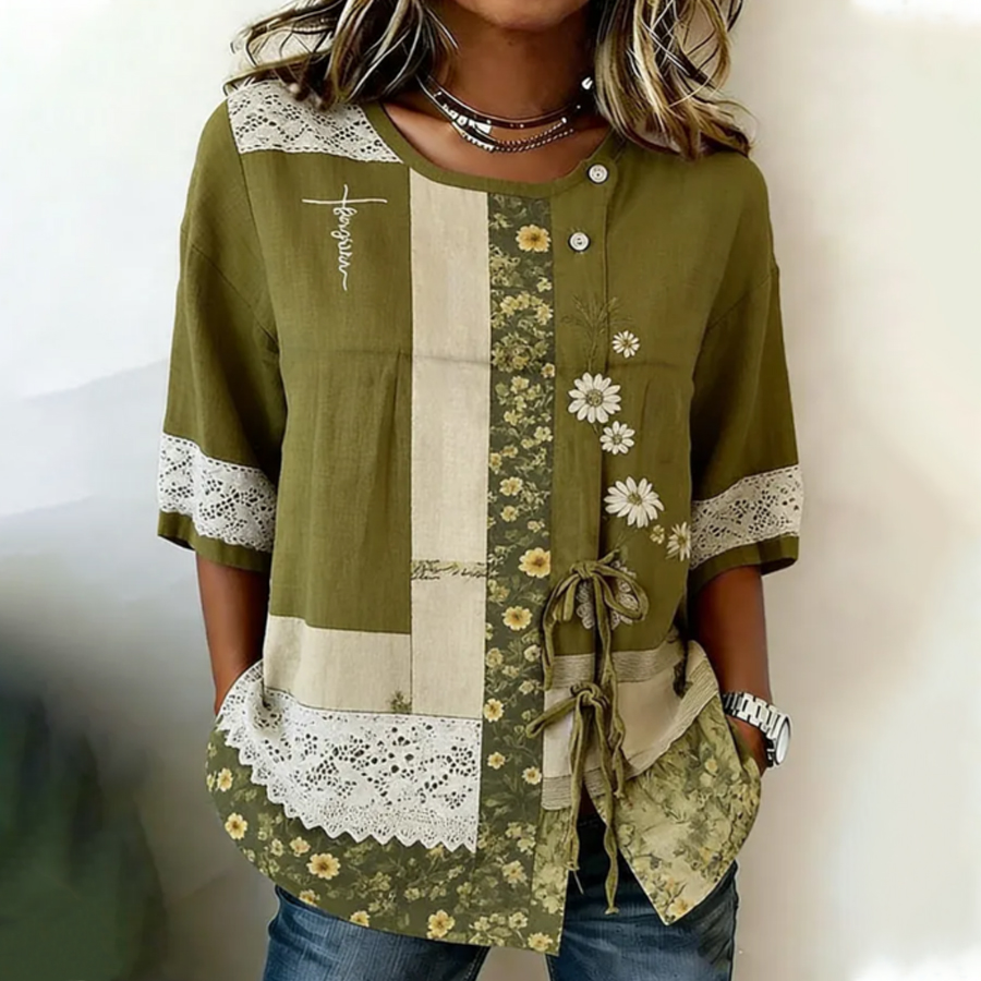 Women'S Casual Floral Patchwork Lace Printed Top