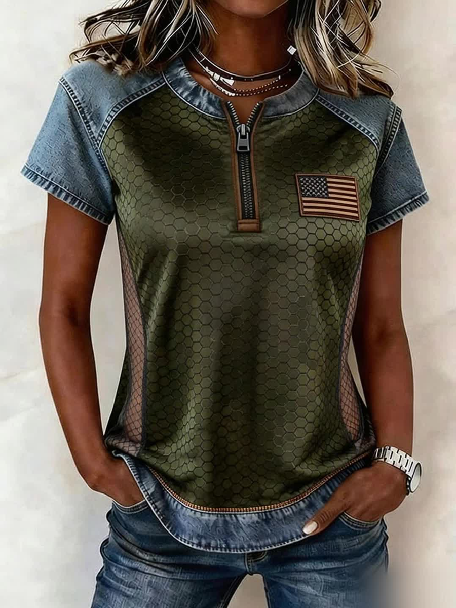 Women's Retro Casual Printed Patchwork Denim Top