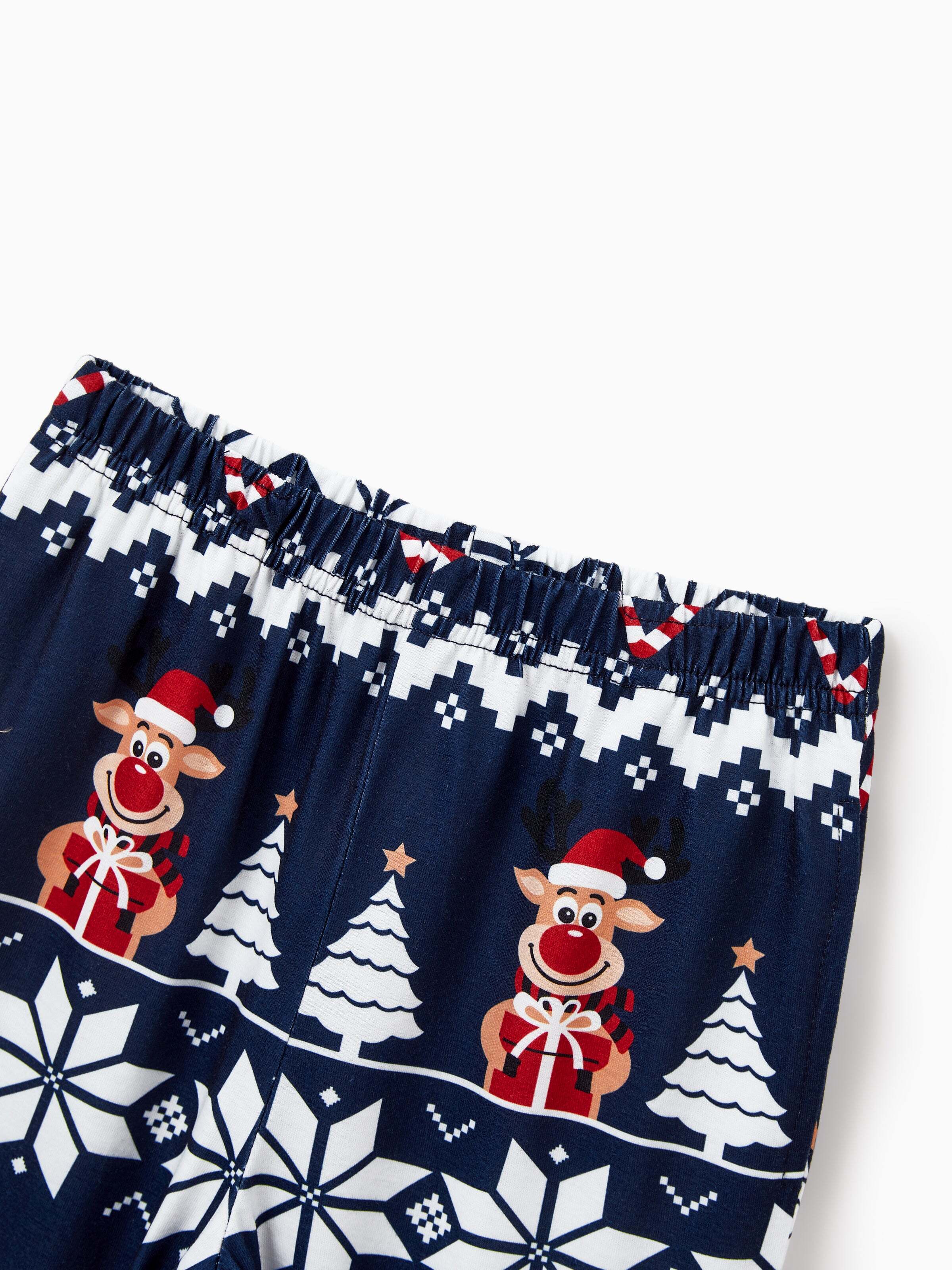 Christmas Matching Family Pajamas Set Reindeer and Snowflake Print PJS Deep Blue