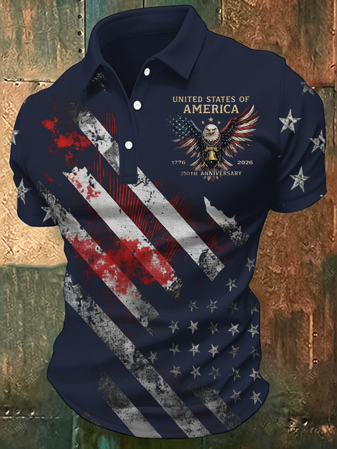 Men'S Retro American Patriots Independence Day 250Th Anniversary Commemorative Lapel Short Sleeved Shirt