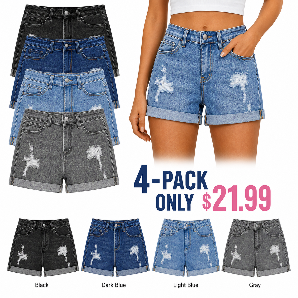 Women's Mid-Rise Stretchy Distressed Cuffed Denim Shorts