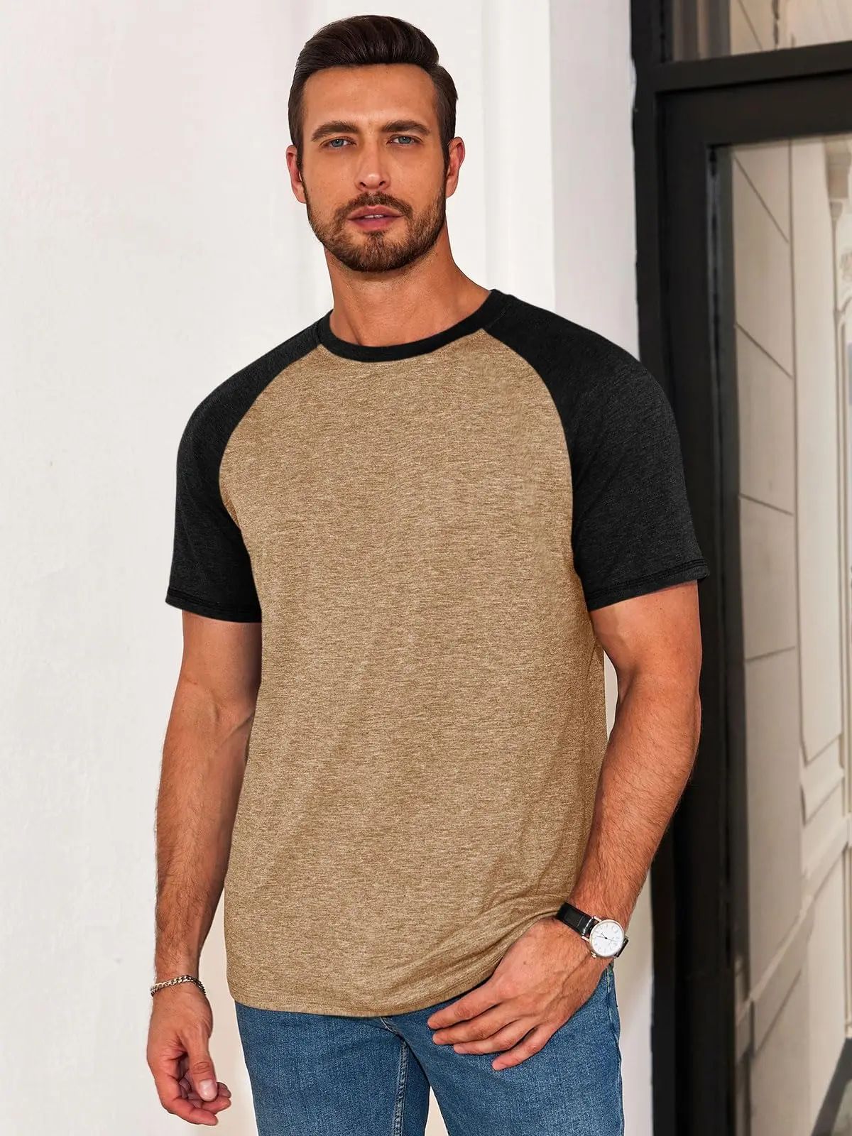 Mens Casual Slim Fit T Shirts Raglan Short Sleeve Crewneck Baseball Tees Color Block Workout Fashion Shirt