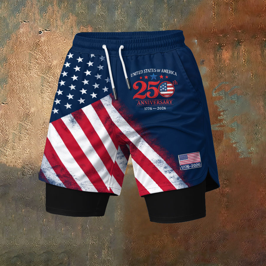 Men'S Independence Day Founding Celebration Printed Pattern Slim Fit Double Layer Sports Elastic Belt Quick Drying Breathable Shorts