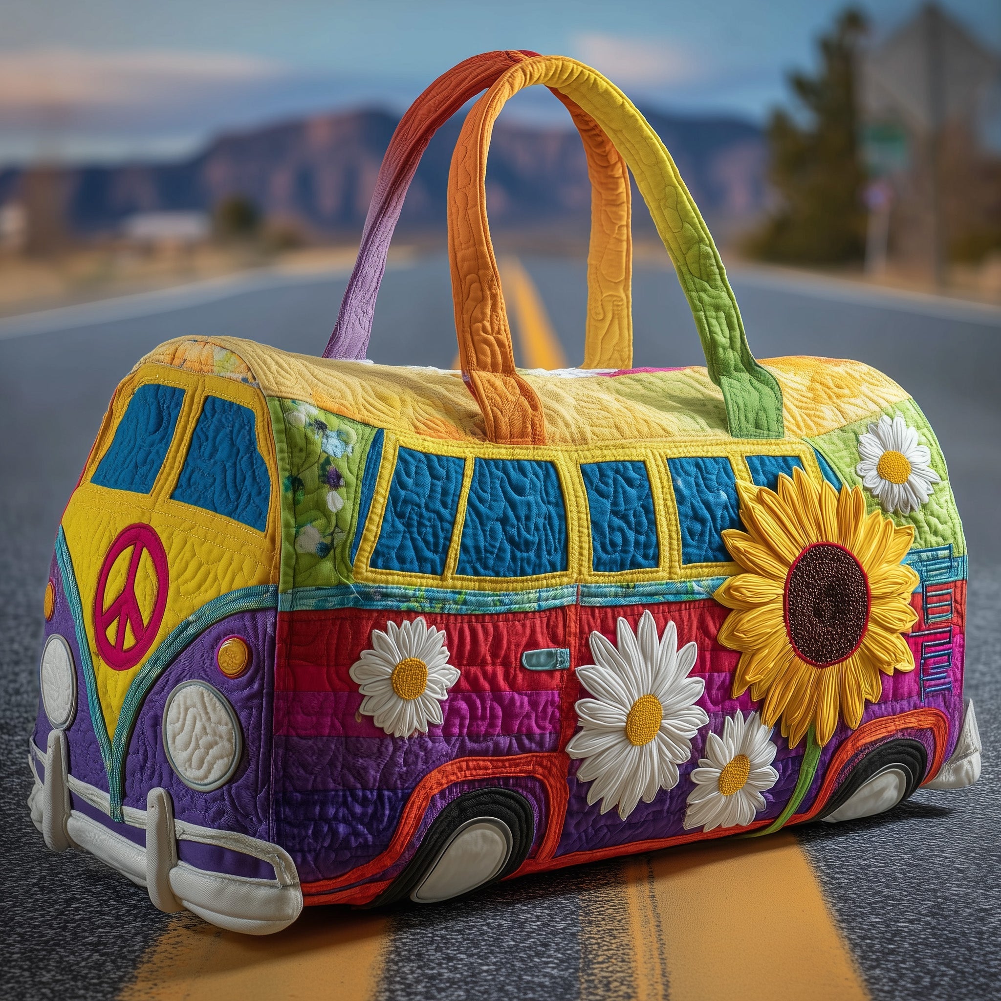 Hippie Journey Quilted Duffle Bag – Retro Boho Travel & Weekender Bag
