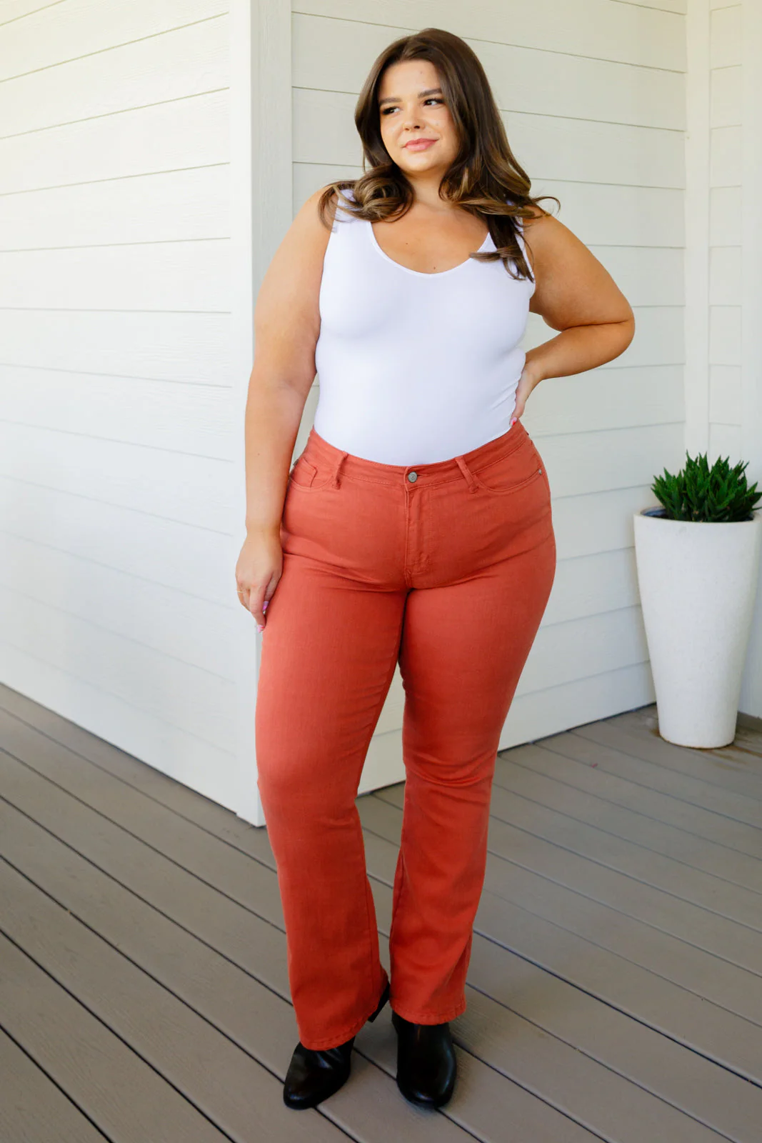 Blue Autumn Mid Rise Slim Bootcut Jeans in Terracotta