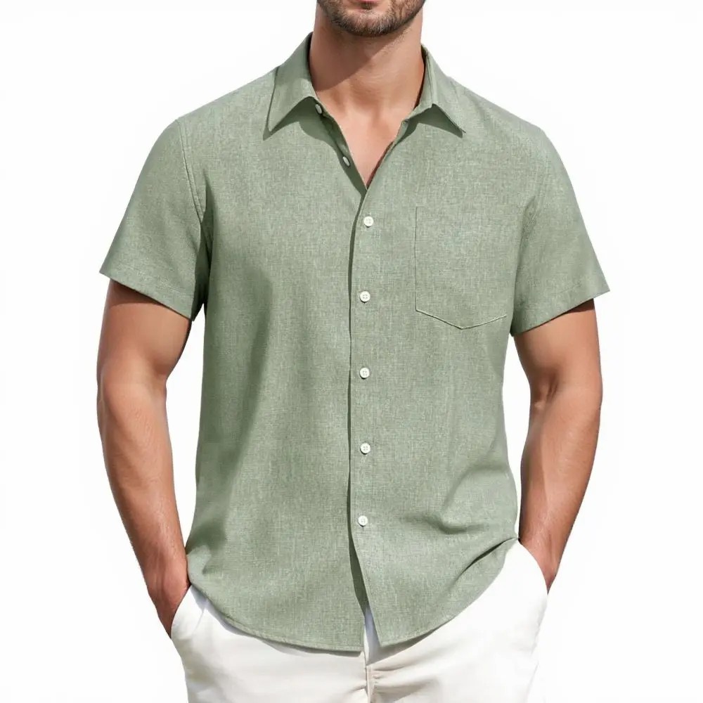 Men's Linen Short Sleeve Shirt – Breathable Lightweight Casual Button Down with Pocket
