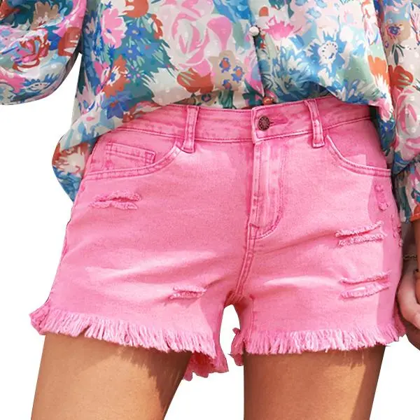 Women's Casual Mid Rise Denim Shorts Stretch Ripped Raw Hem Jean Shorts Basic Fitted Bottom for Summer