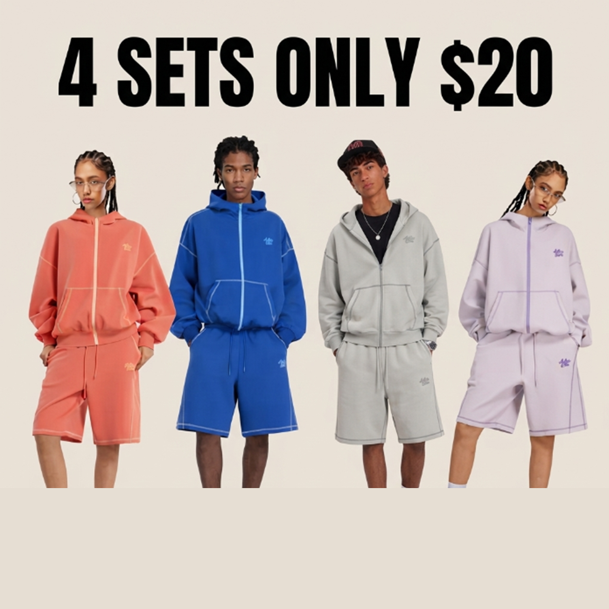 Cloud Boxy Sweat Set Contrast Stitch Zip-Up Jacket & Shorts Oversized Unisex