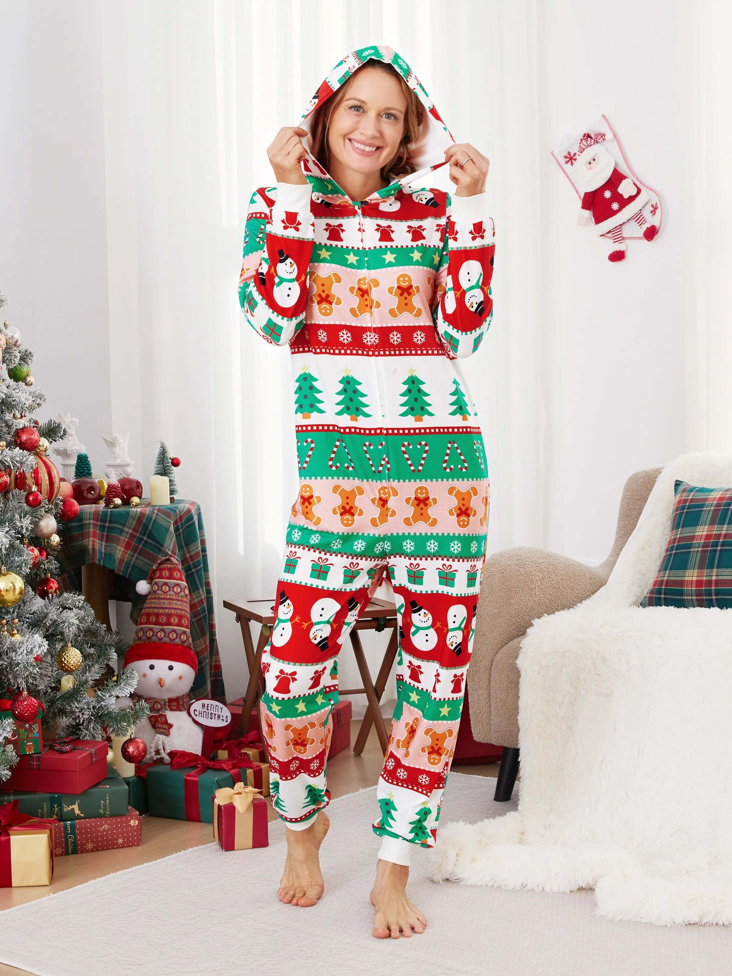 Onesies Pajamas Matching Christmas Outfits Allover Pattern Zipper Front Holly Jolly Print with Christmas Socks Back MultiColour