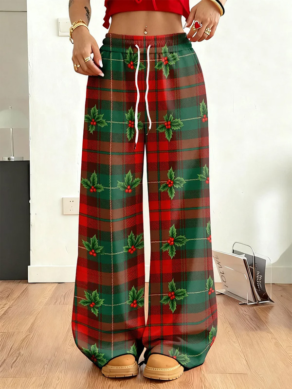Women's Christmas Holly Plaid Print Casual Pants