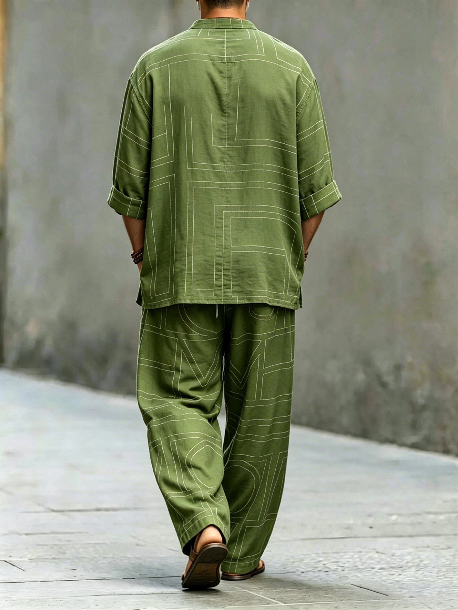 Men's Green Geometric Art Print Cotton Shirt Set