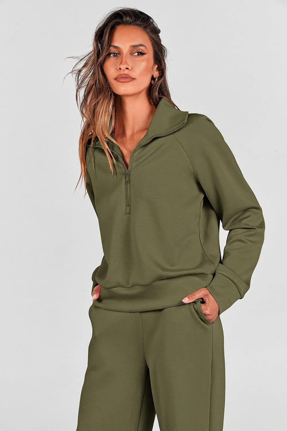 🔥Final Day Clearance!🛒Women's 2 Piece Outfits Casual Lapel Half Zip Sweatshirts And Wide Leg Pants Tracksuit Sets🔥8-PACK ONLY $28🔥