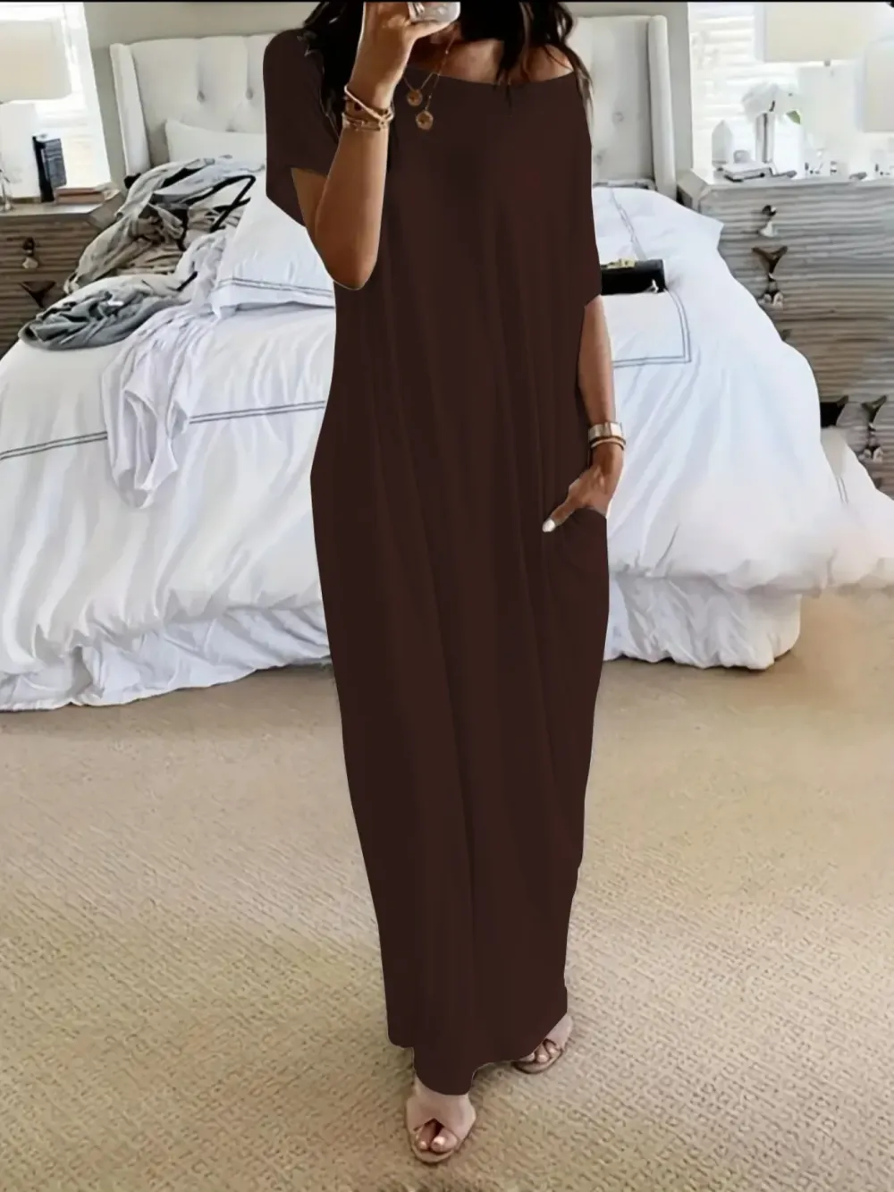 Women's Solid Color Batwing Sleeve Lounge Dress