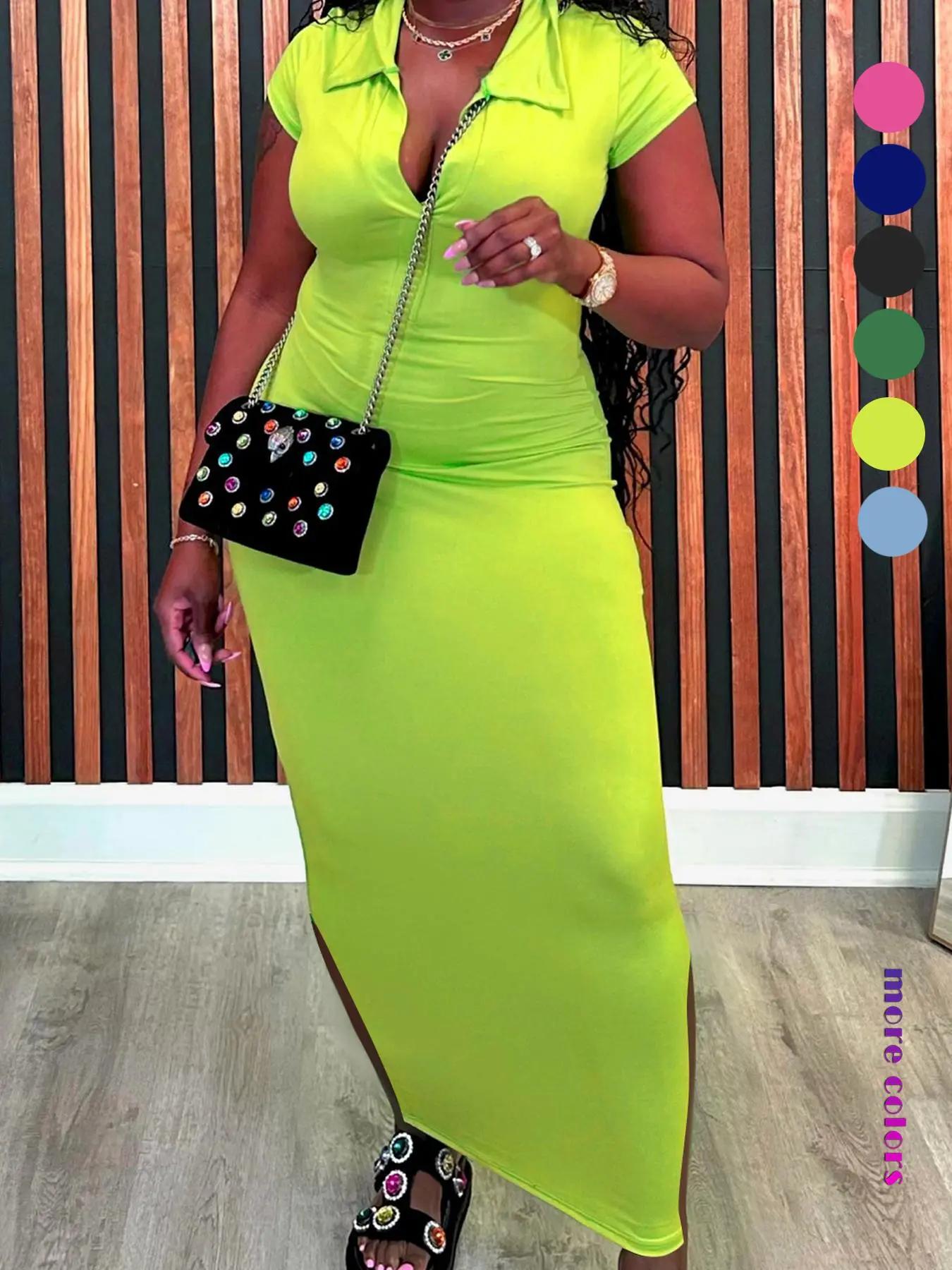Women's Plain Collar Bodycon Dress, Solid Color Short Sleeve Long Dress, Ladies Clothes for All Seasons
