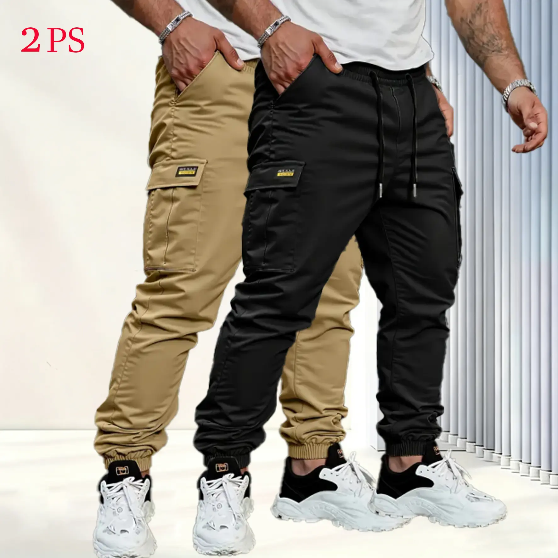 Men's solid color tactical work pants with multiple pockets and drawstring design