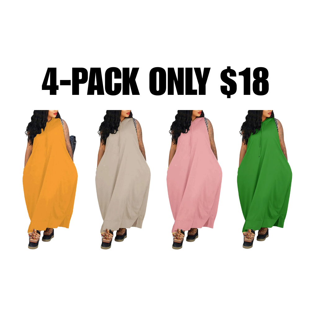 Women's Plain Drawstring Hooded Tank Dress, Casual Basic Pocket Sleeveless Dress