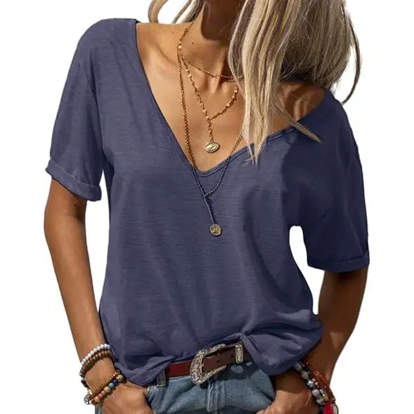 Women's Fashion Deep V-Neck Short Sleeve Tops Solid Casual Loose Basic T Shirt