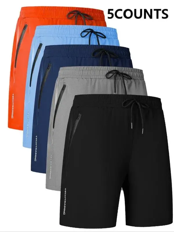 Men's Letter Print Drawstring Waist Shorts, Casual Comfy Breathable Pocket Shorts,