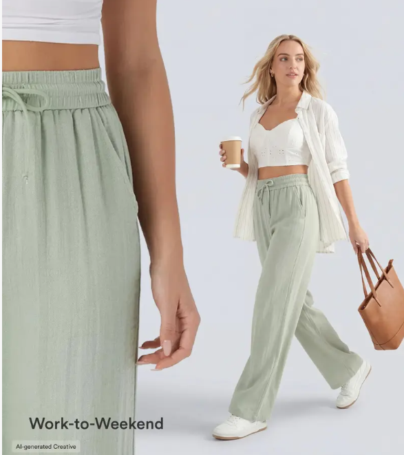 High Waisted Drawstring Pocket Wide Leg Baggy Casual Linen-Feel Pants