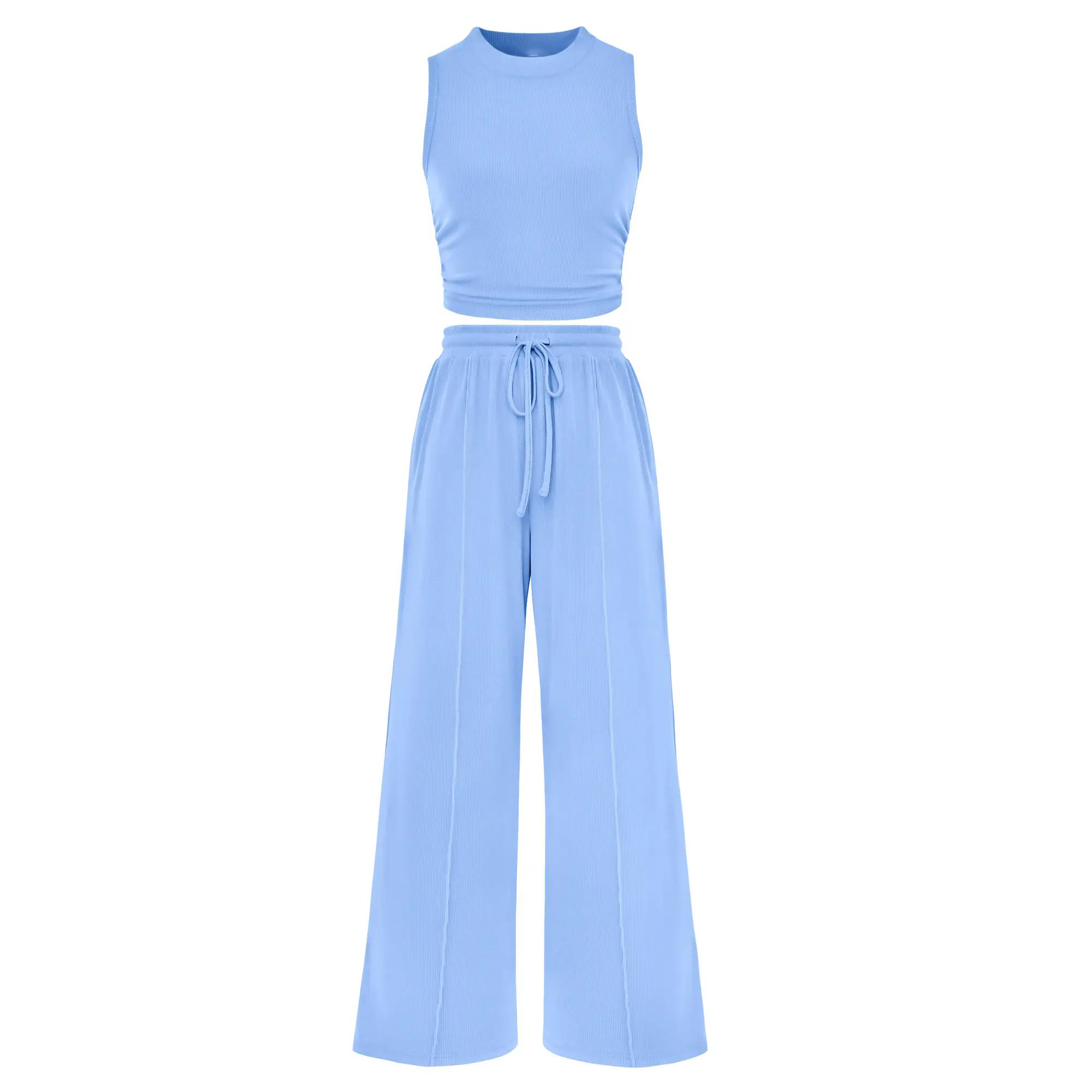 Women's Ribbed Knit Crop Top & Wide Leg Pants Lounge Set