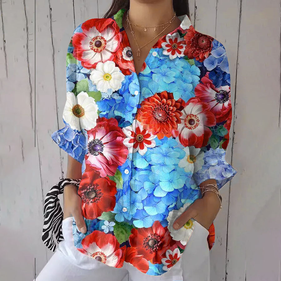 Women'S Red White and Blue Floral  Printed Cotton And Hemp Shirt