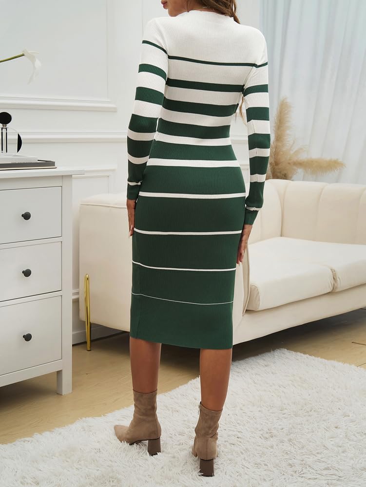 yoeasy Womens Striped Color Block Long Sleeve Bodycon Sweater Dress Casual Slim Fit Ribbed Knit Maxi Dress