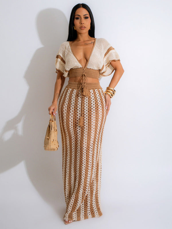 Deep V-Neck Hollow Knit Striped Floor Length Dress