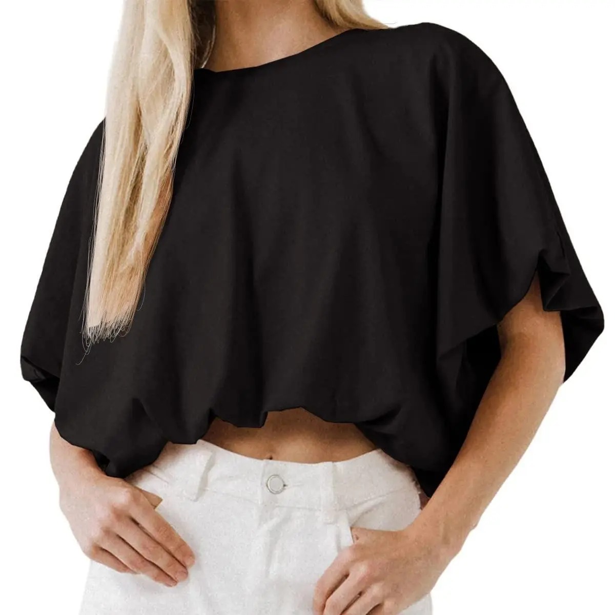Women's Slouchy Dolman Sleeve Crop Top – Soft & Flowy Casual Summer Tee