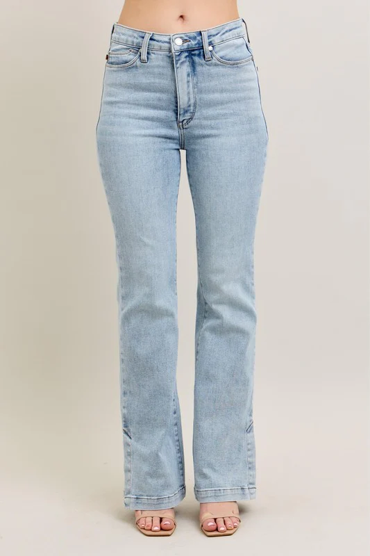 Blue Full Size Tummy Control Vintage Wash Side Slit Slim Boot Jeans Plus Size