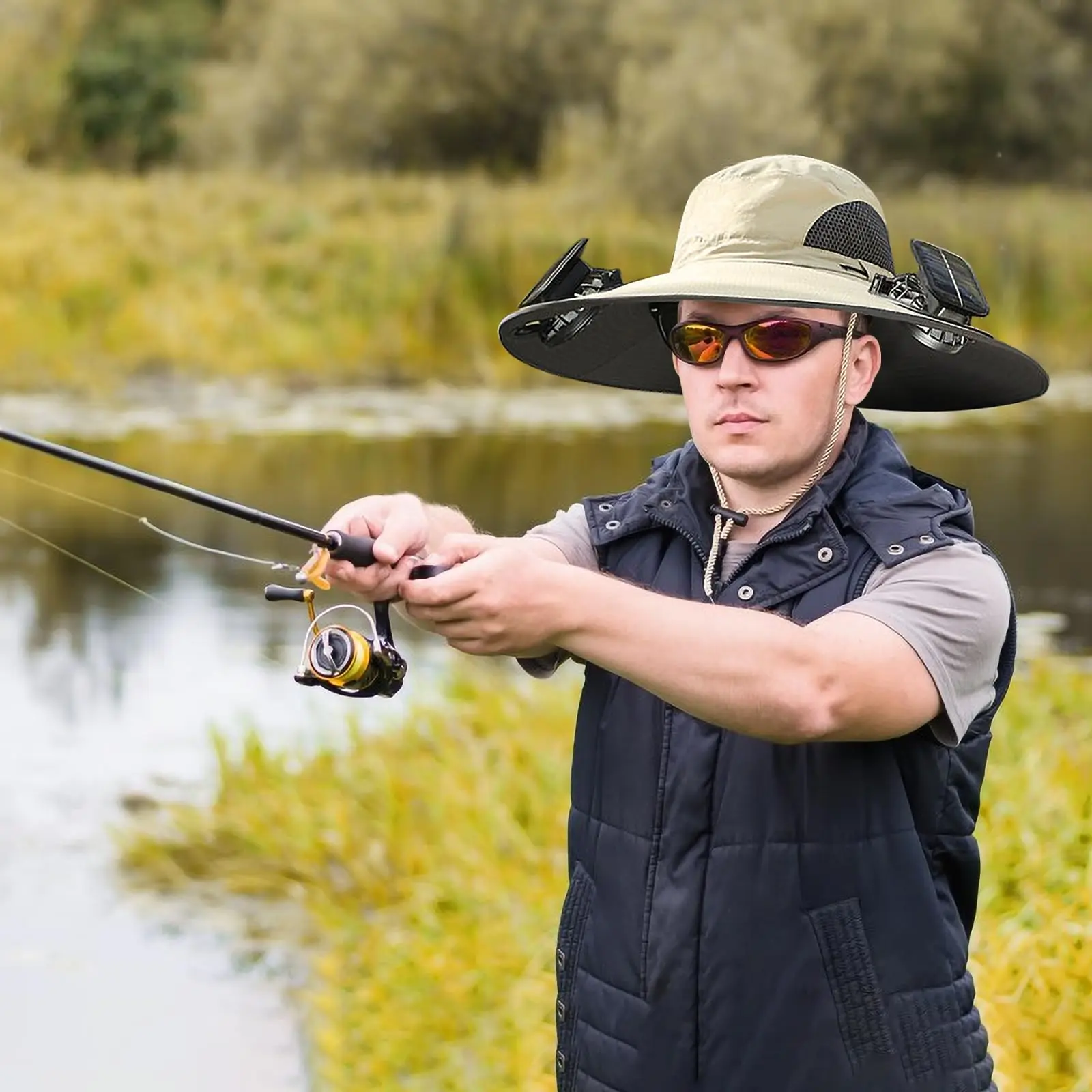 2026 Summer New Solar Powered Fan Hat with Arm Sleeves Neck Gaiter for Men Women Outdoor Wide Brim Bucket Hat with Fan for Hiking