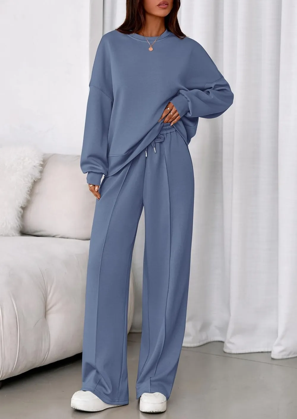2 Piece Sets For Women Fall Trendy Long Sleeve Sweatshirt Wide Leg Pants Loungewear