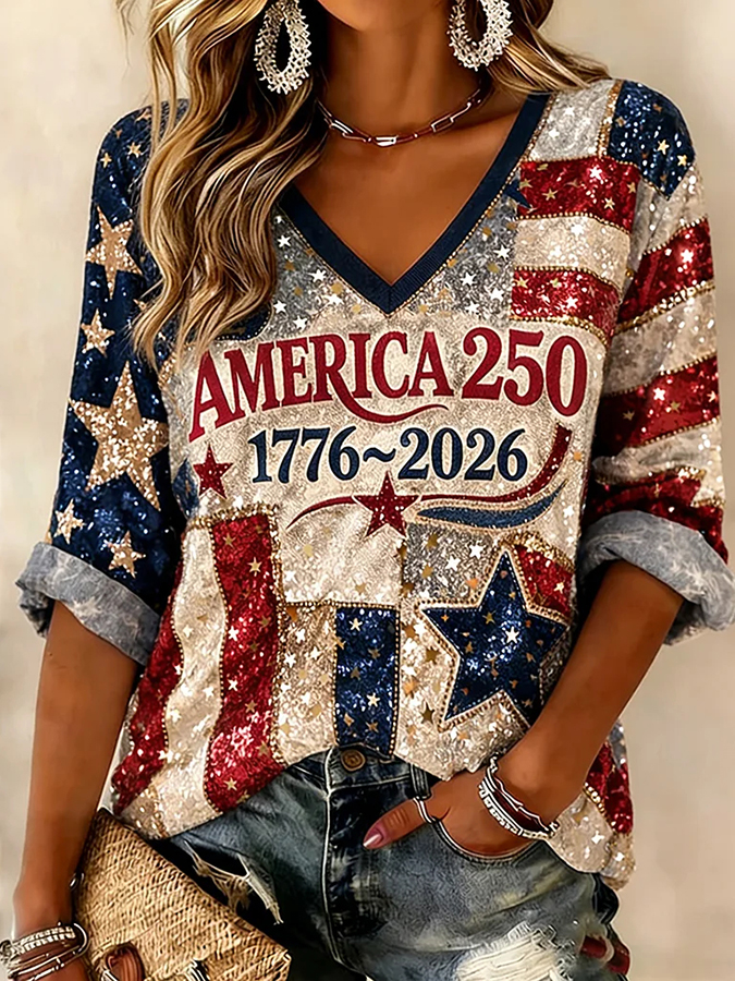 Ladies' Casual American 250Th Anniversary Celebration V-Neck Half Sleeved T-Shirt