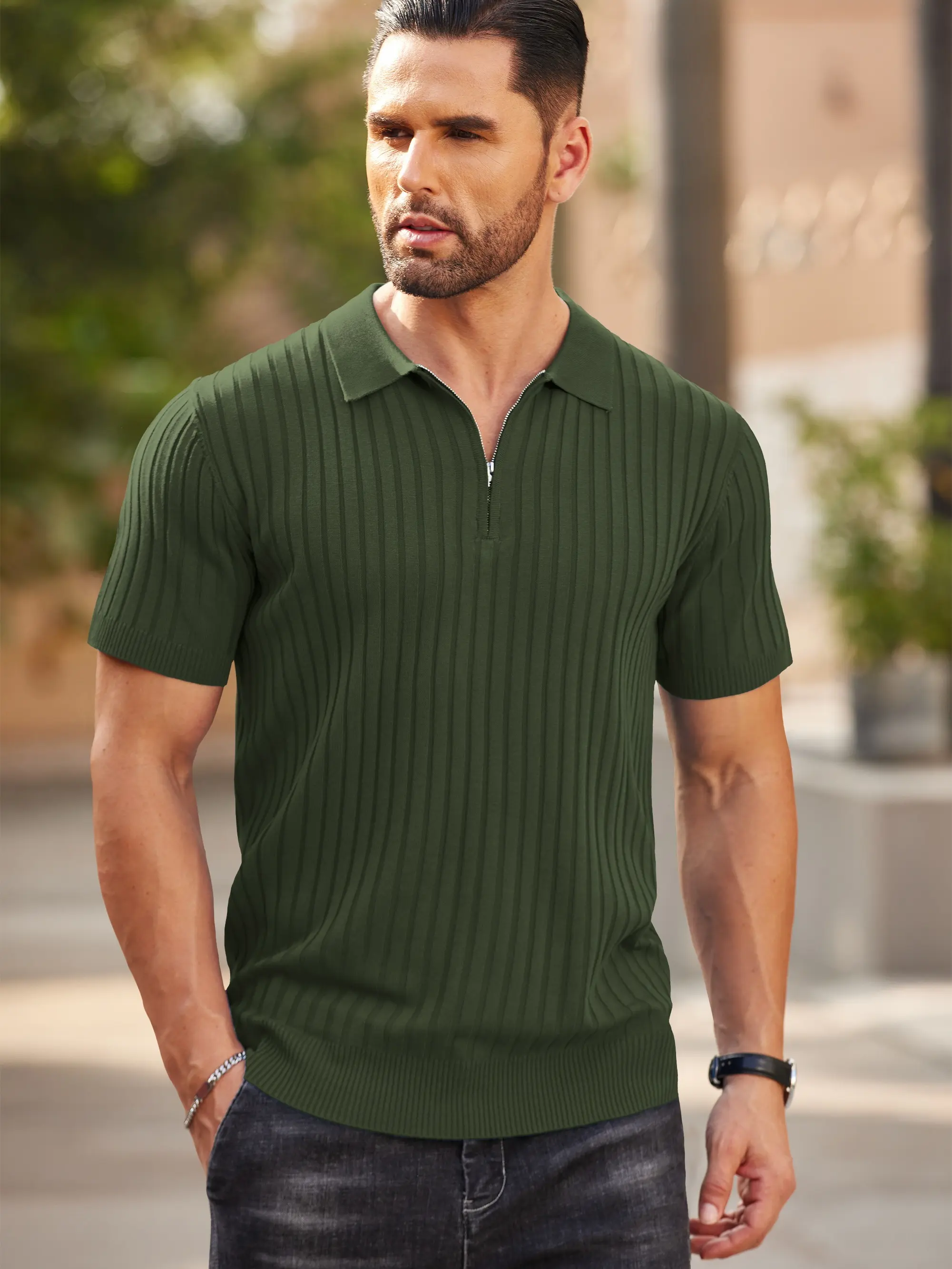 Men's Zipper Polo Shirts Short Sleeve Ribbed Knit Polo T Shirts