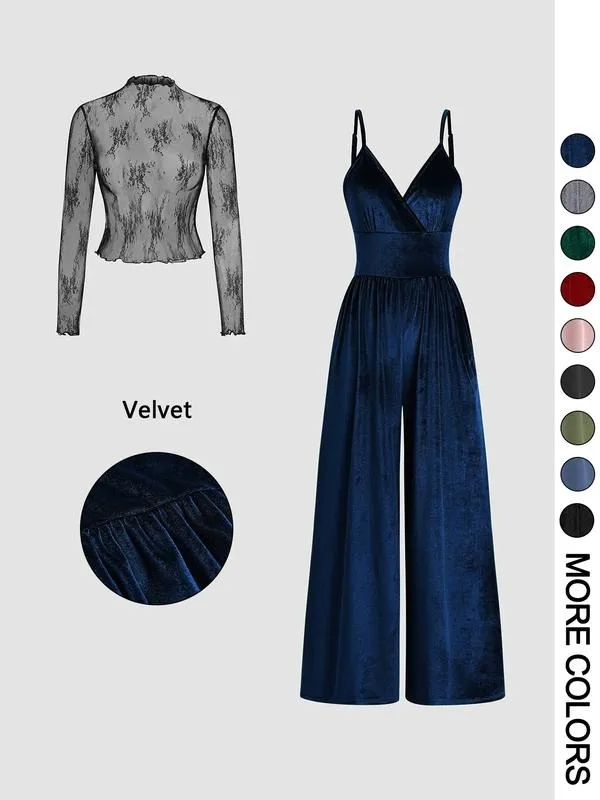 Women's Solid Color Lace Tee & Pocket Jumpsuit Two-piece Set