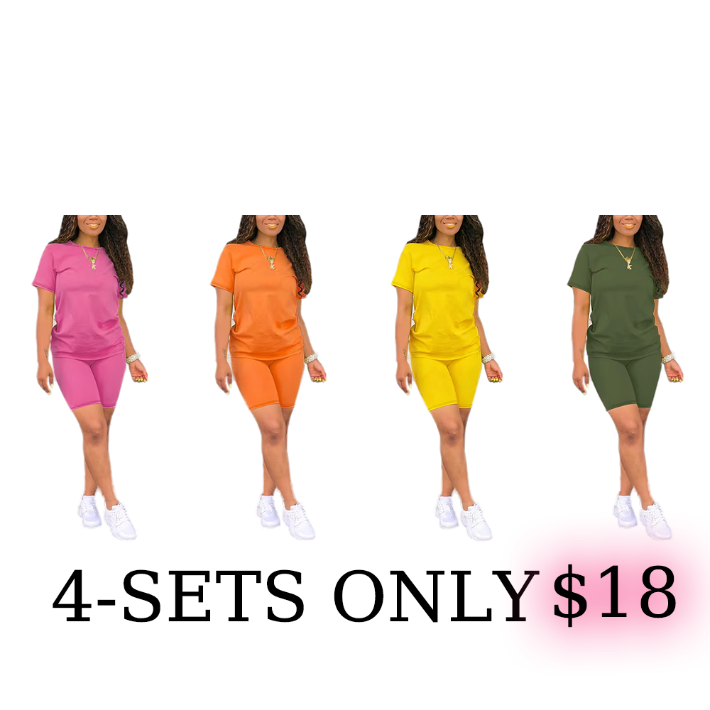Two-Piece Set Fitted Plain Round Neck Tee & Skinny Shorts Set