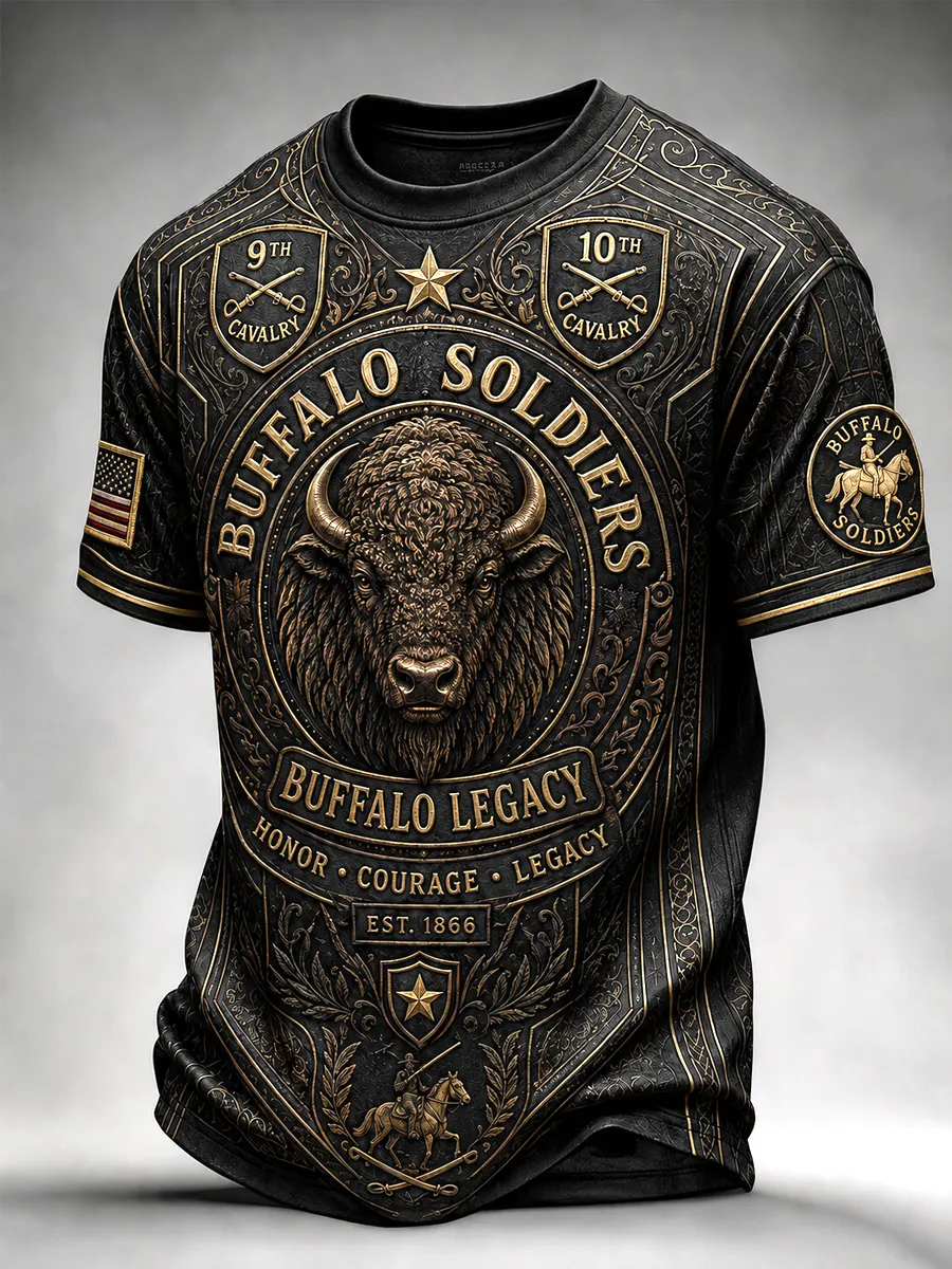 Men's Retro Buffalo Soldier Print  Casual T-Shirt