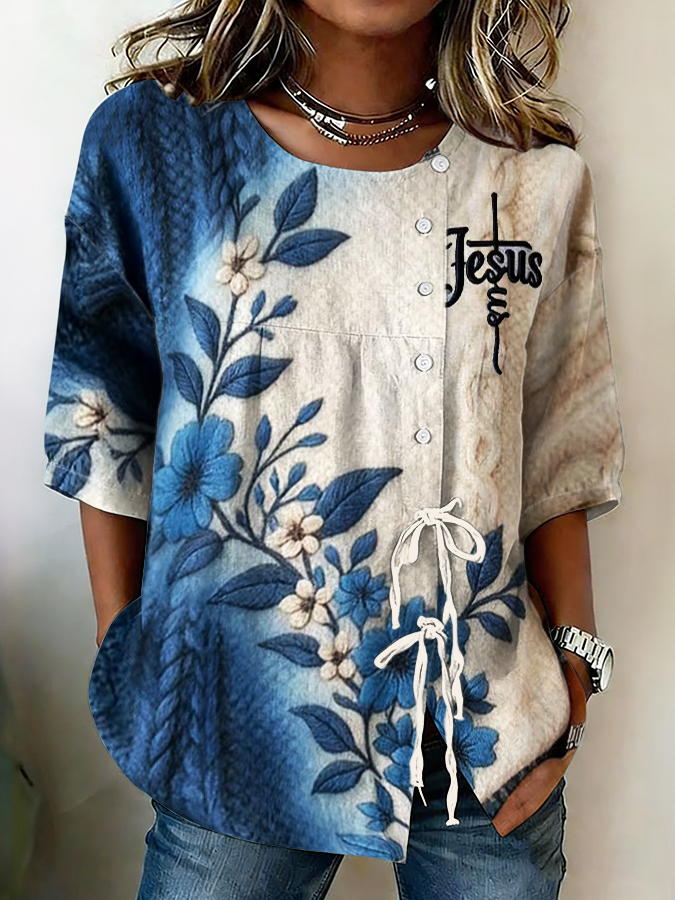 Women'S Faith Flower Art Printed Cotton Linen Casual Shirt
