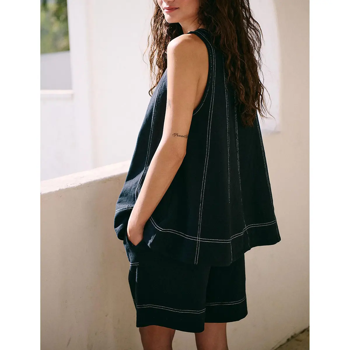 Women's Cotton Two Piece Outfit - A-Line Tank & High-Waist Shorts
