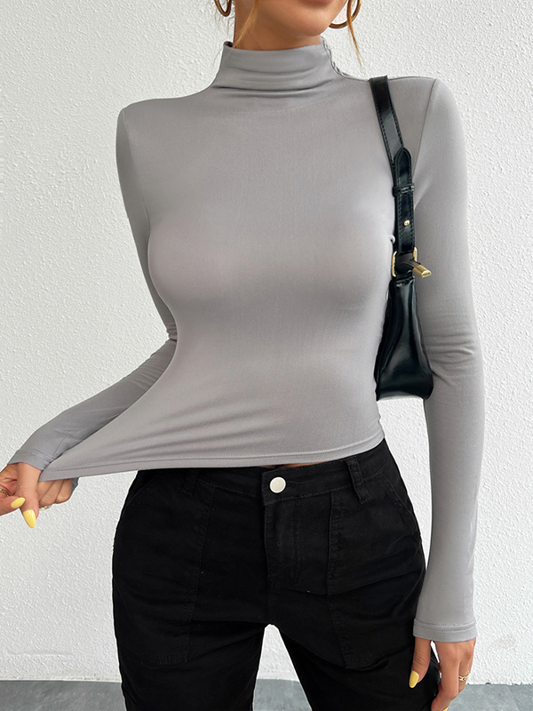 Solid Color Long Sleeves Skinny High Neck T-Shirts Tops
