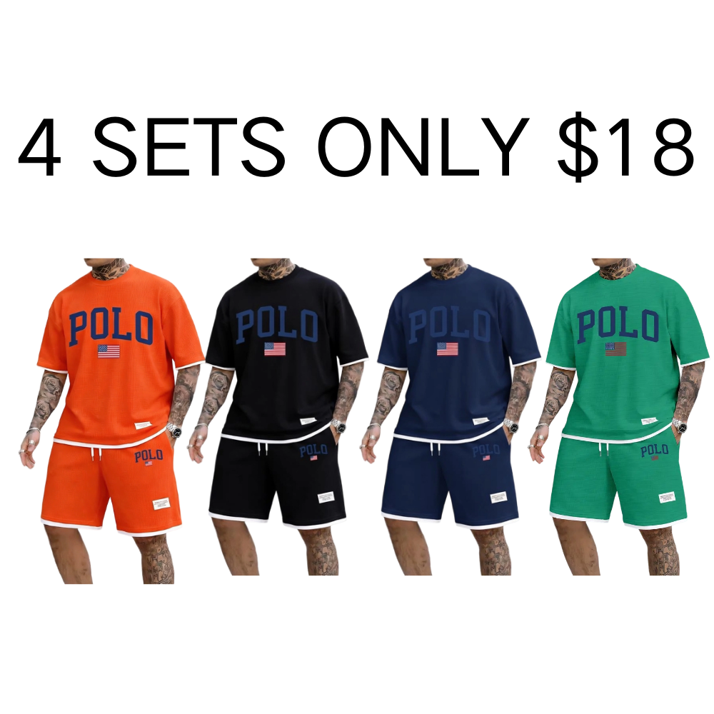 Men's Polo Print Drawstring Shorts Set