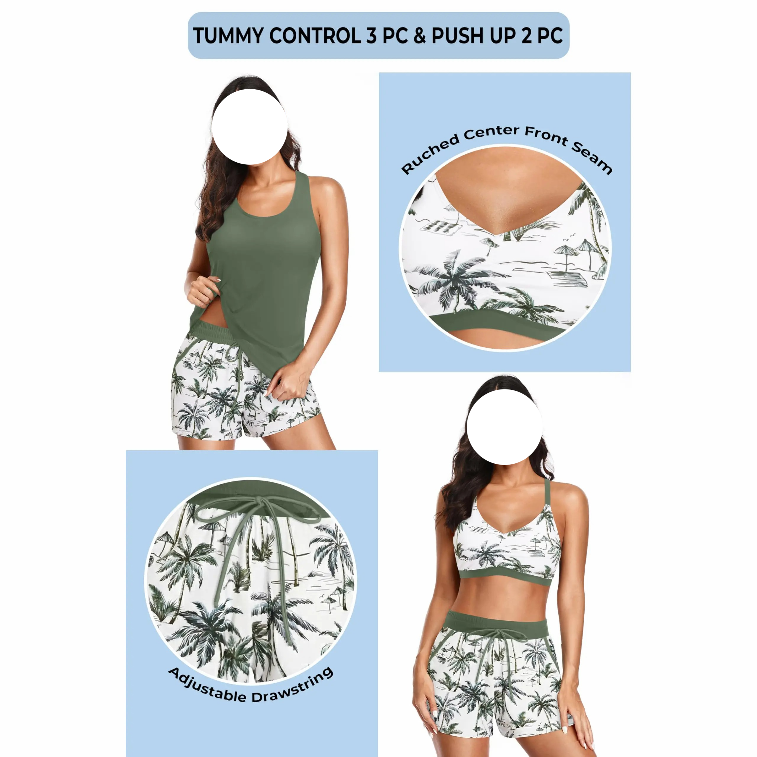 Women's 3-Piece Tankini with Swim Shorts – Modest Athletic Bathing Suit with Pockets