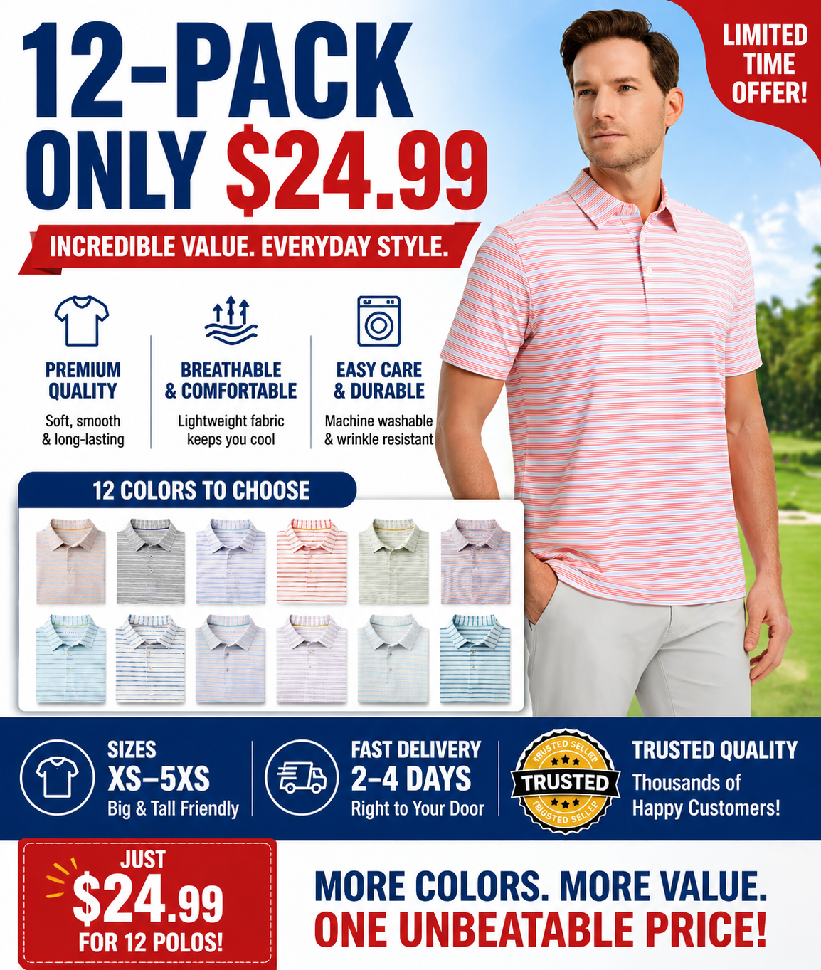 12-Pack Men's Golf Shirts — Moisture-Wicking Performance Short-Sleeve Striped Polo