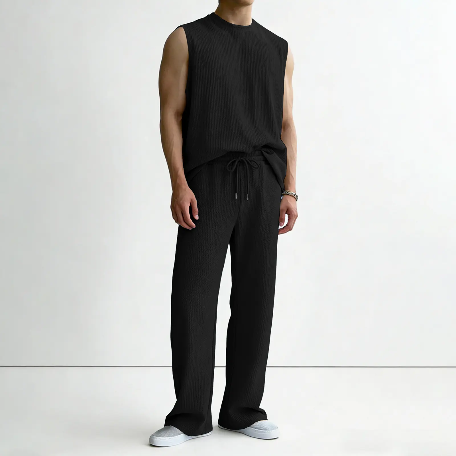Mens 2 Piece Rib Knit Sweatsuit Summer Sleeveless Tank Top Baggy Wide Leg Pants Set Vacation Beach Outfit for Men