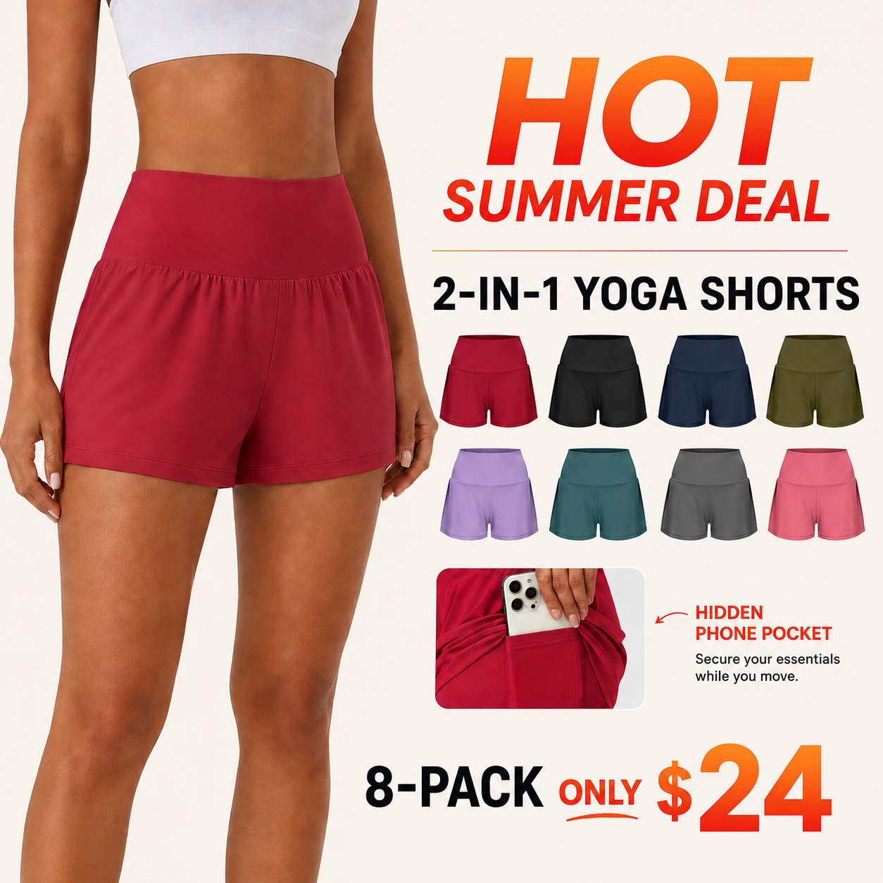 Women’s 2-in-1 Super High Waisted Yoga Shorts with Multi Pockets