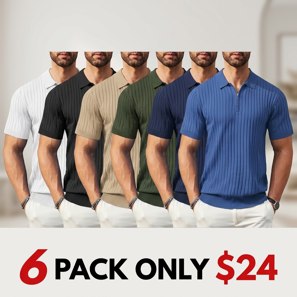 Men's Zipper Polo Shirts Short Sleeve Ribbed Knit Polo T Shirts