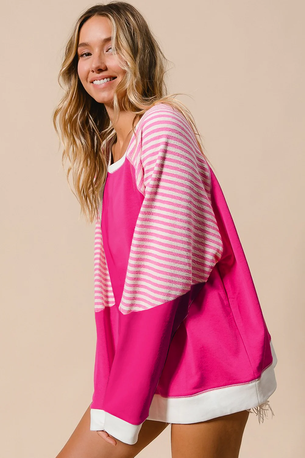 Strawberry Striped Patchwork Crew Neck Raglan Sleeve Top